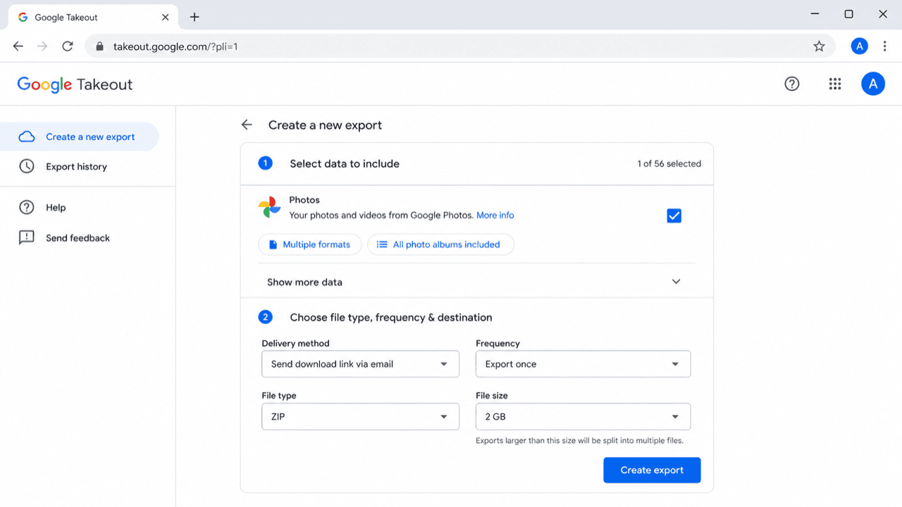 Request a Google Photos export from Google Takeout
