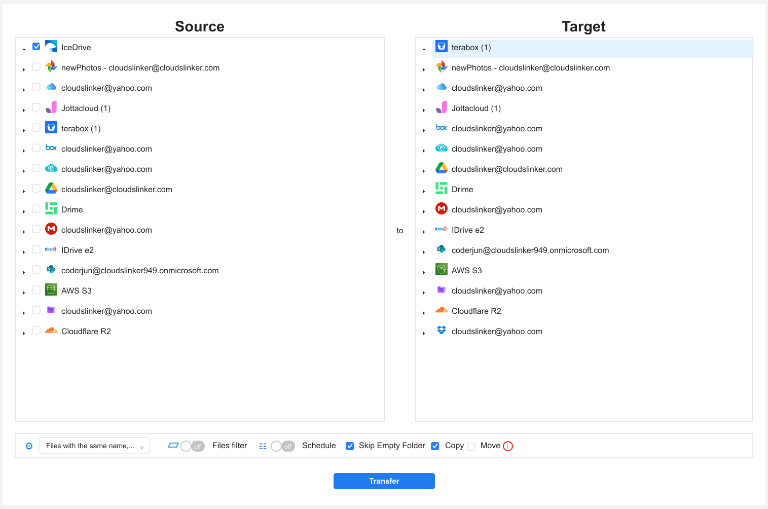 Configure IceDrive to TeraBox transfer in CloudsLinker