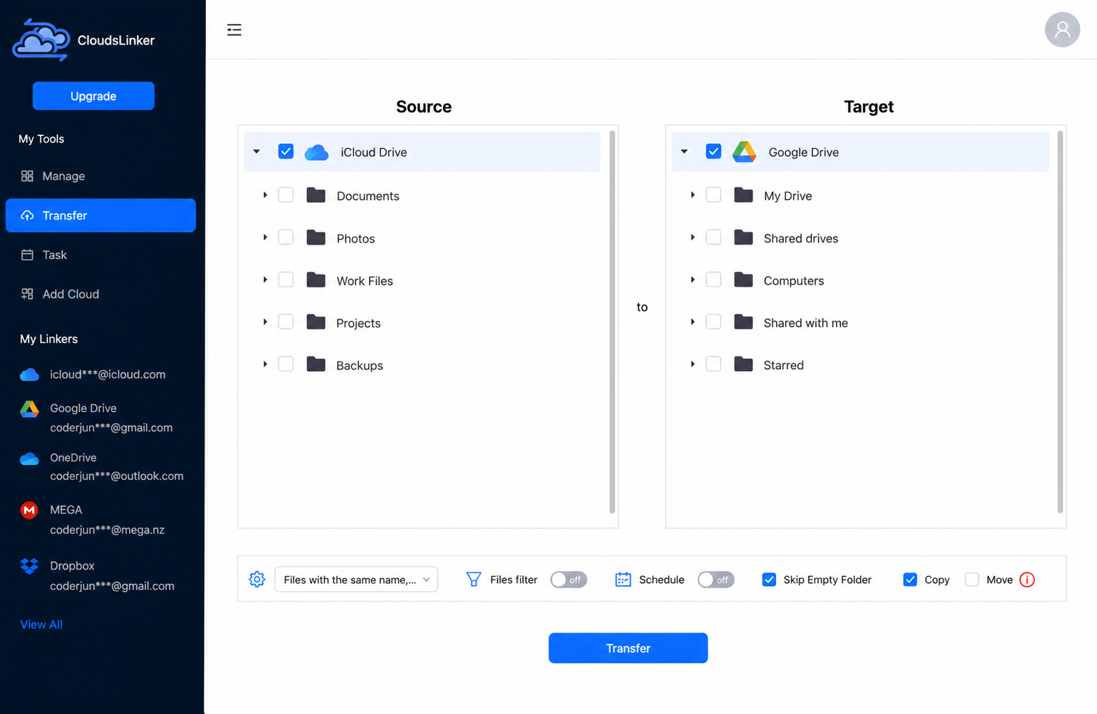Configure the iCloud Drive to Google Drive transfer in CloudsLinker