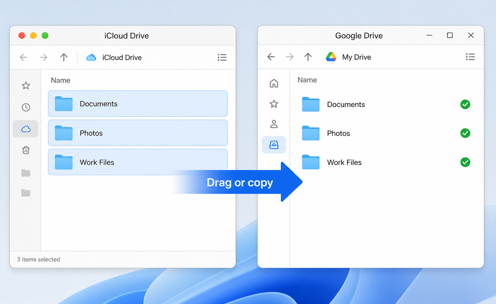 Copy files from the iCloud Drive folder into the Google Drive desktop folder