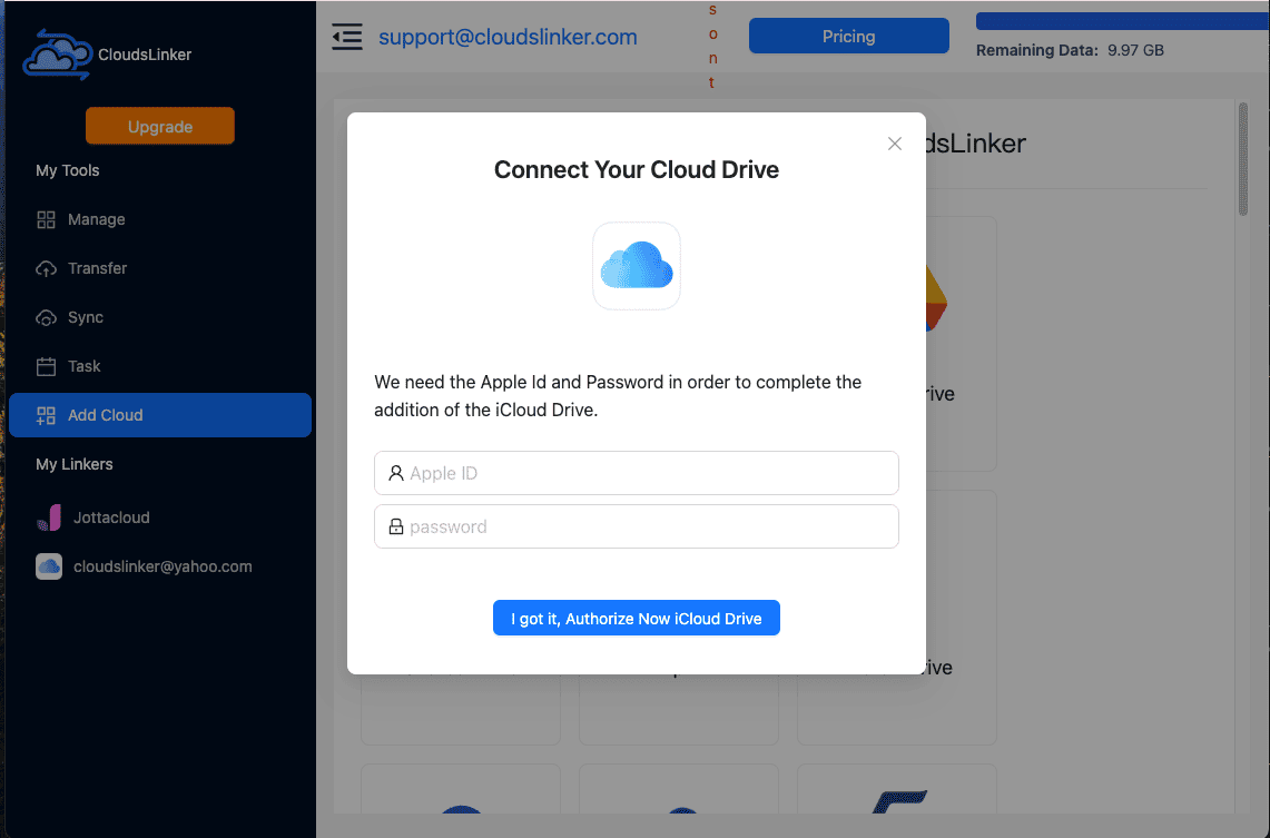 CloudsLinker Add Cloud dialog for iCloud Drive with Apple ID and password fields and a note about the two-factor verification step