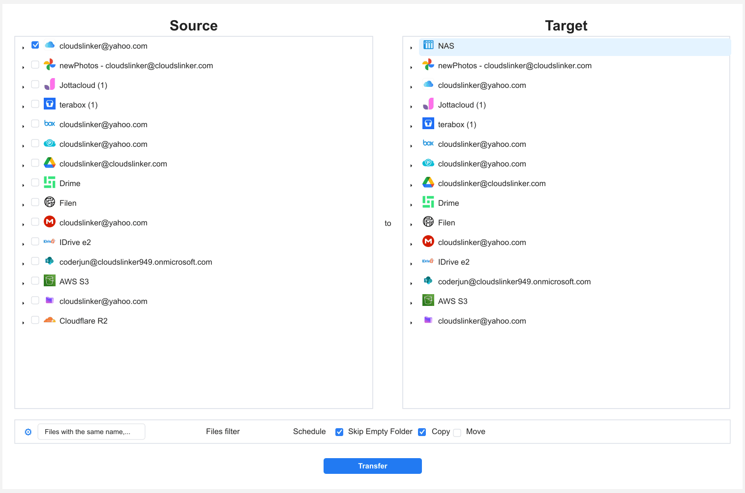 CloudsLinker transfer configuration screen with iCloud Drive selected as the source folder tree, the NAS selected as the destination shared folder, and file-type and date filters above a Start Transfer button