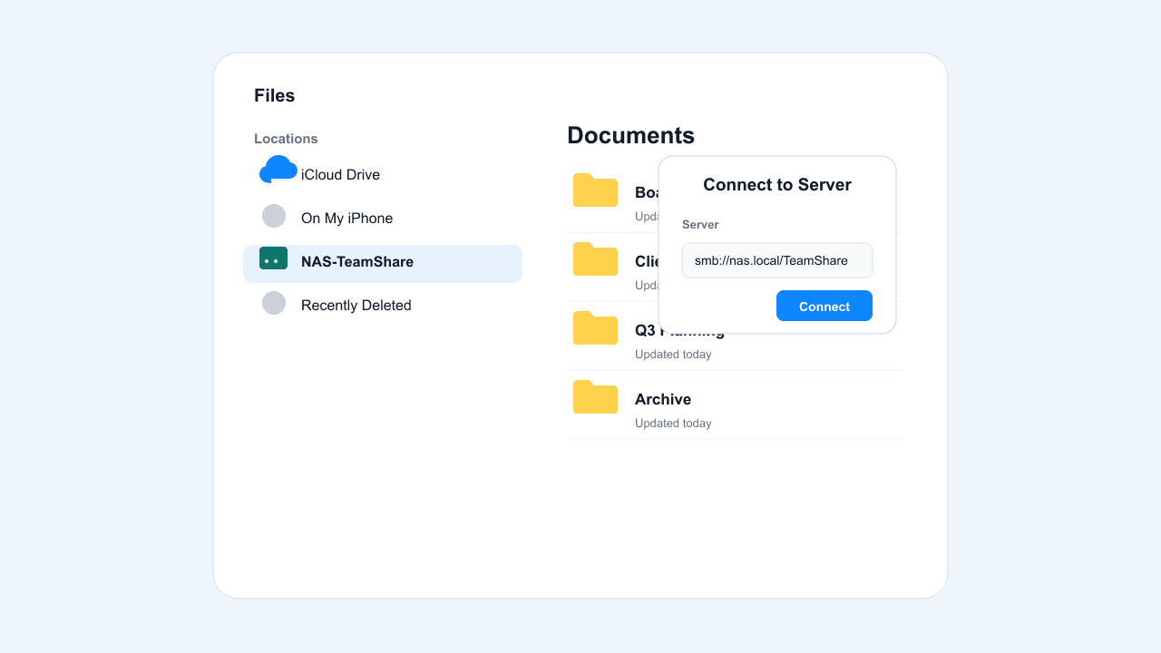 iOS Files app Connect to Server dialog with an SMB address field, and after connecting, the NAS share listed as a location alongside iCloud Drive
