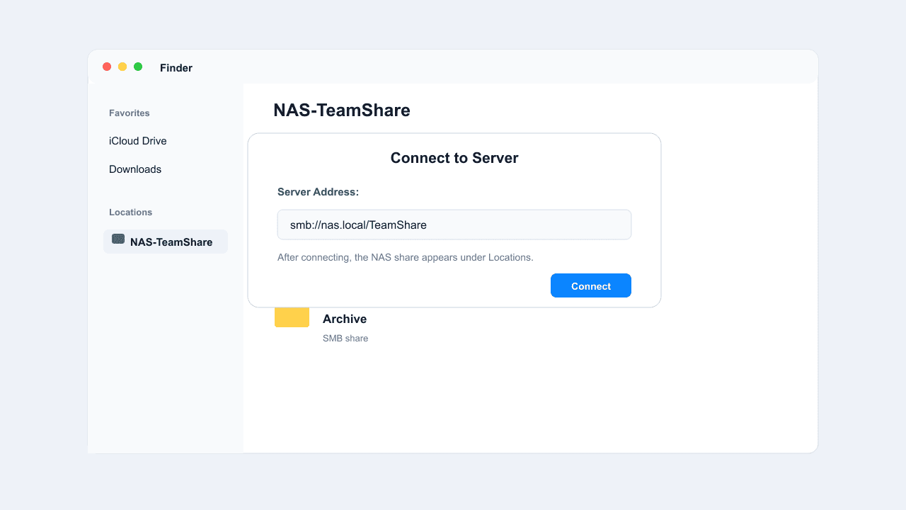 macOS Finder Connect to Server dialog with an smb address entered, followed by the mounted NAS share appearing under Locations in the Finder sidebar