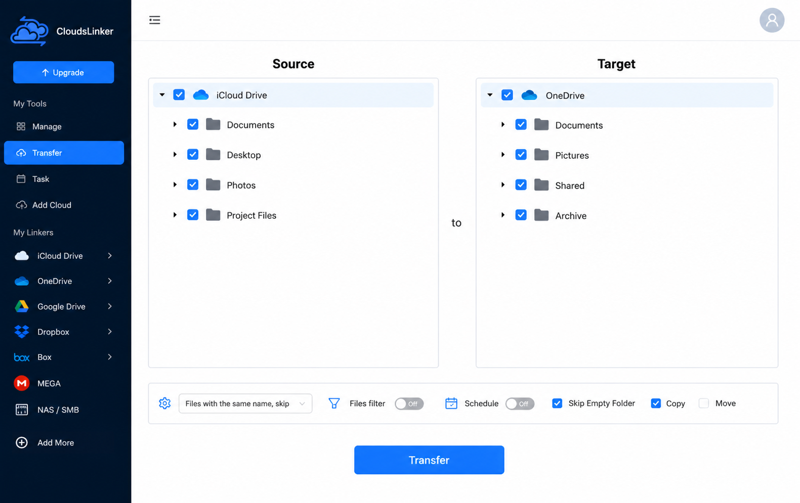 Configure the iCloud Drive to OneDrive transfer in CloudsLinker