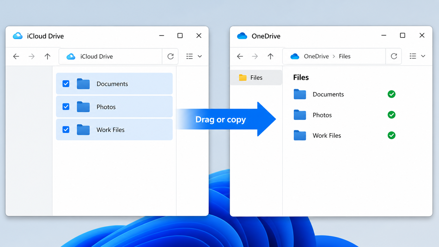 Copy files from the iCloud Drive folder into the OneDrive desktop folder