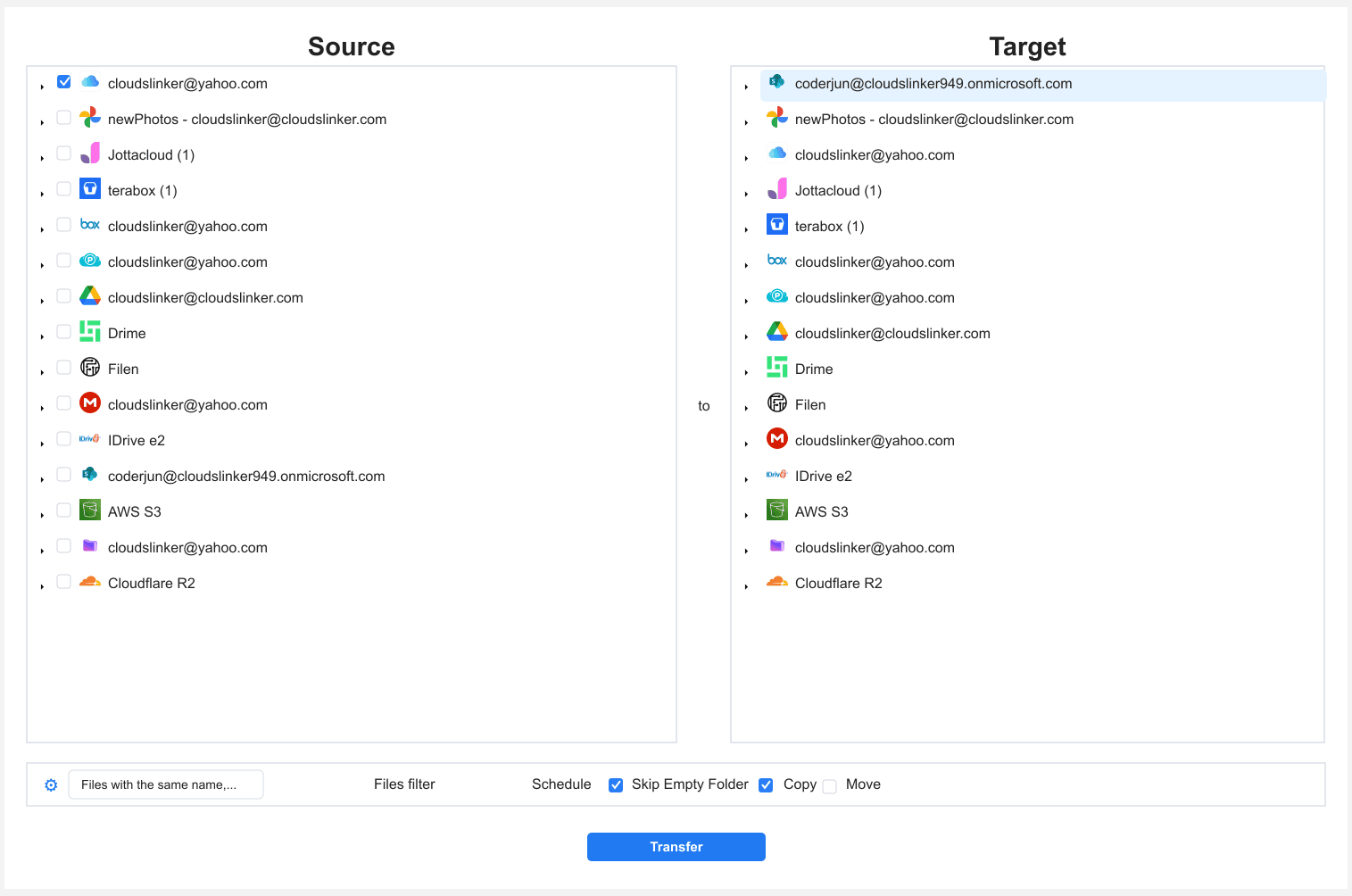 CloudsLinker transfer configuration screen with iCloud Drive selected as the source folder tree, SharePoint selected as the destination library, and file-type and date filters above a Start Transfer button