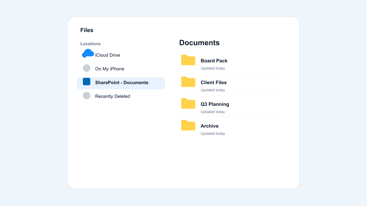 iOS Files app Browse screen showing iCloud Drive and a SharePoint document library both listed as locations under On My iPhone and Locations