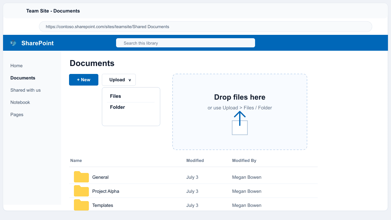 Microsoft SharePoint document library page with the Upload menu open showing Files and Folder options and a drag-and-drop zone highlighted