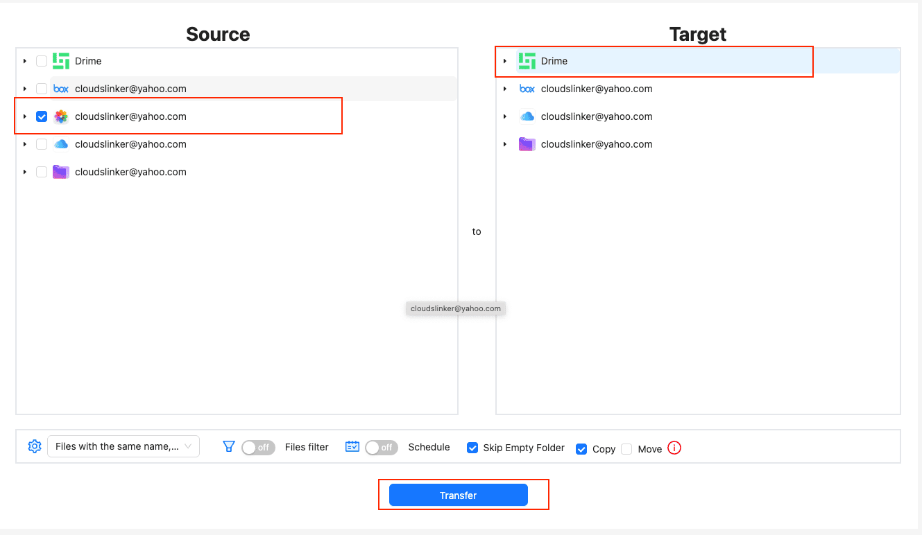 Configure iCloud Photos to Drime transfer in CloudsLinker