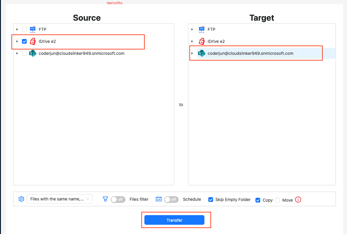 Select iDrive e2 as source and SharePoint as destination in CloudsLinker