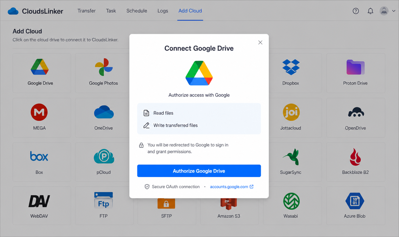 Connect Google Drive in CloudsLinker