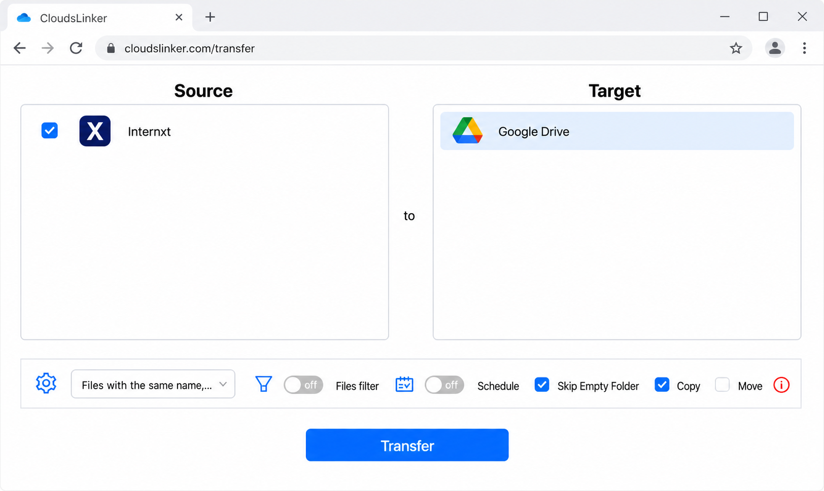 Configure the transfer in CloudsLinker