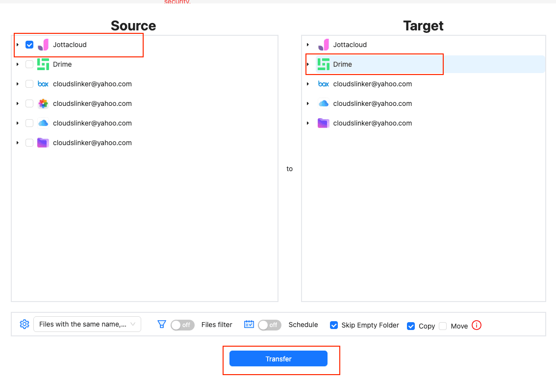 Configure Jottacloud to Drime transfer in CloudsLinker
