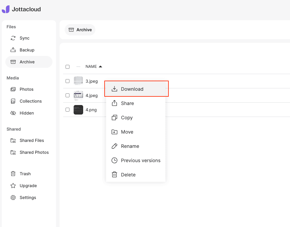 Download files from Jottacloud web interface