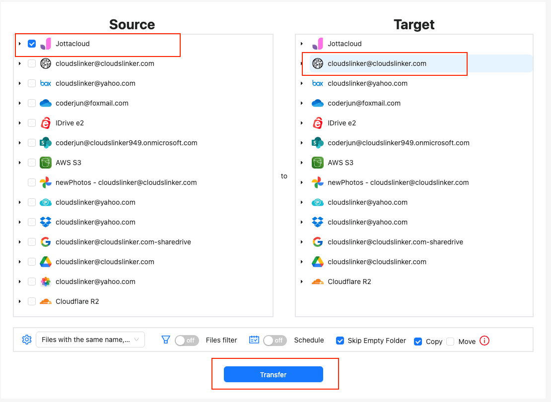 Configure the Jottacloud to Filen transfer in CloudsLinker