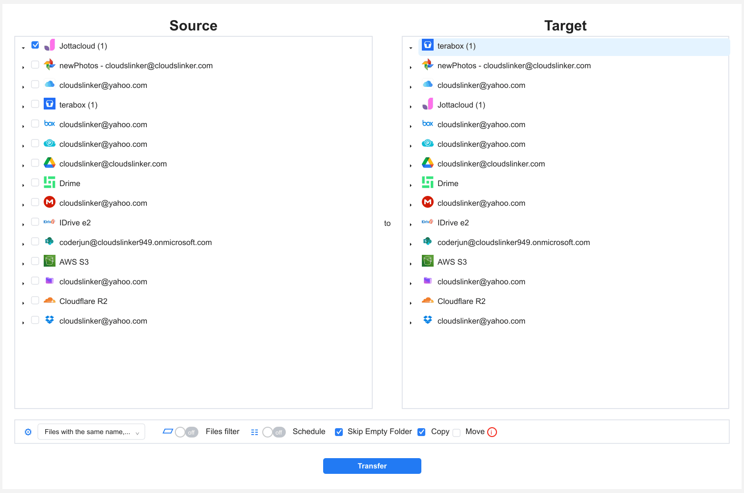 Configure Jottacloud to TeraBox transfer in CloudsLinker