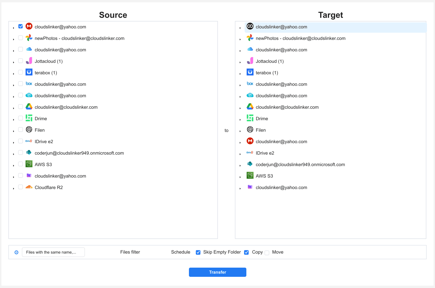 CloudsLinker transfer configuration with MEGA folder tree as source on the left, Degoo destination folder on the right, and copy mode with a maximum file size filter enabled