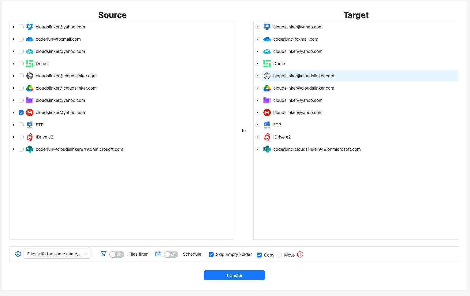 CloudsLinker transfer setup
