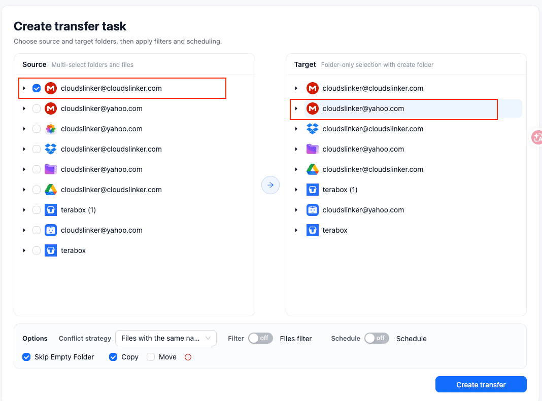 CloudsLinker transfer setup page with a Source list on the left where the MEGA connection is ticked and a Target list on the right where the MEGA connection is highlighted; the option bar below shows Files filter, Schedule, Skip Empty Folder and Copy checked, Move unchecked, and a blue Transfer button