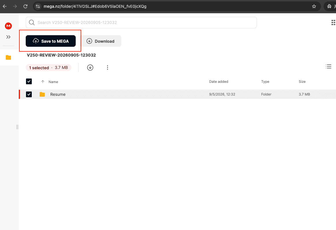 MEGA web client showing a public folder link opened while signed in to a different account: the folder listing of Projects on the left, and a toolbar above it with a Download button and an Import button, the Import button highlighted; a folder-picker dialog is open asking where in the Cloud Drive to place the imported folder