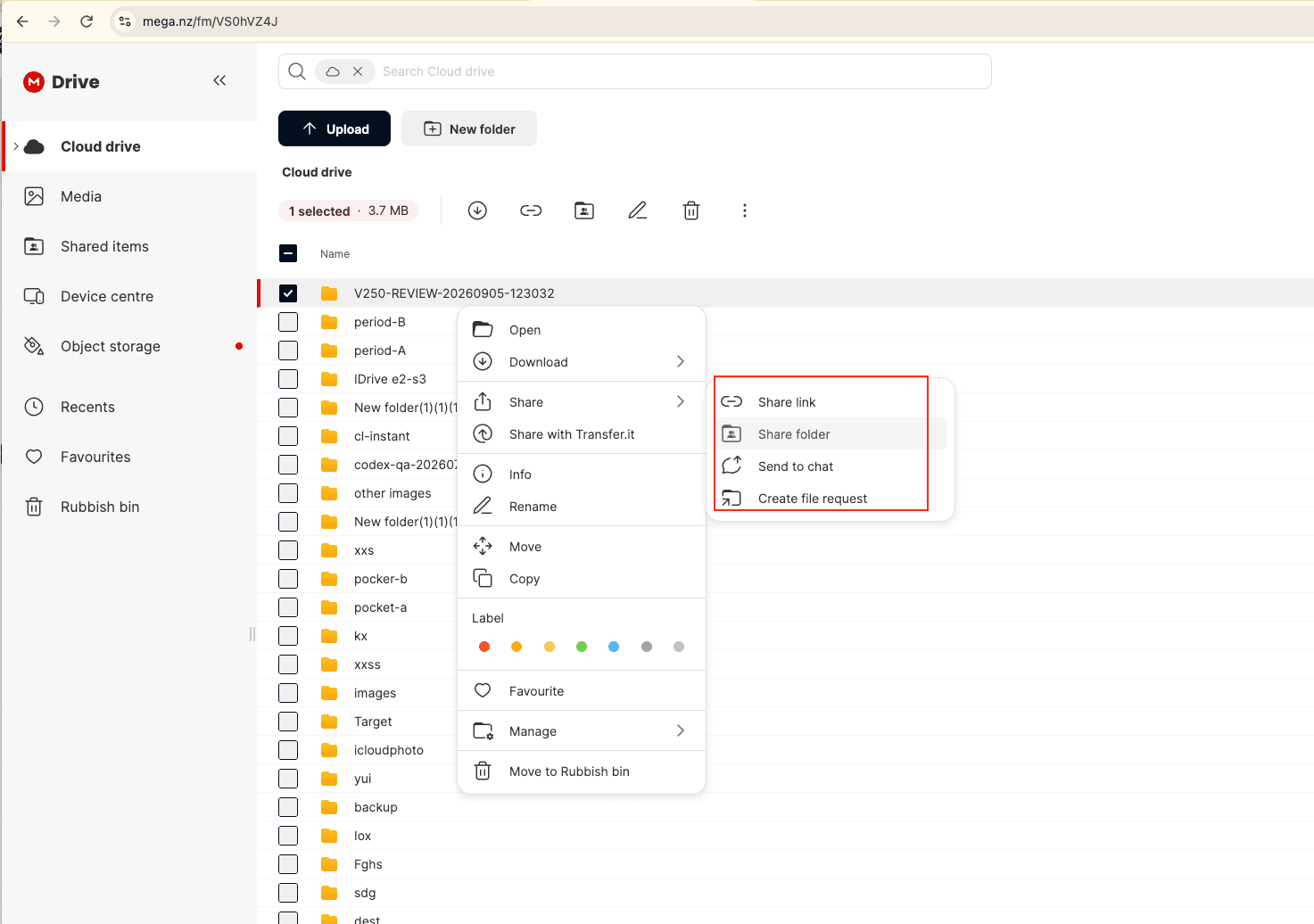 MEGA web client in a desktop browser, Cloud Drive view, with the right-click context menu open on a folder named Projects; the menu lists Get link and Share among other options, with Share highlighted, and a small Share dialog behind it showing an email field for adding a contact and a permission drop-down set to Read-only
