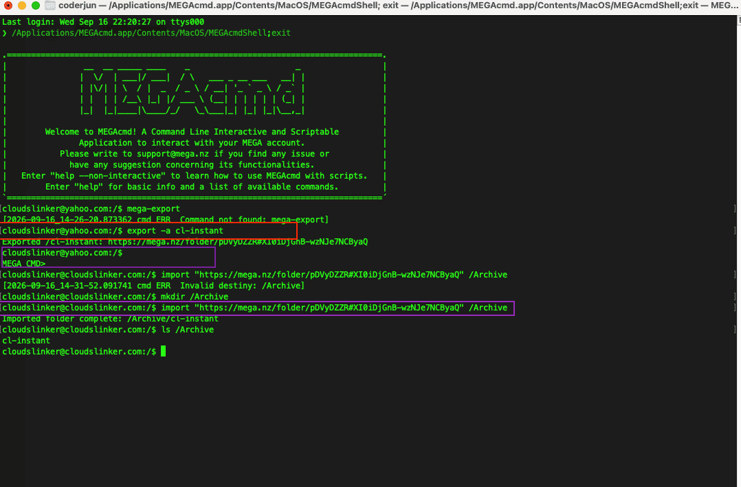 A dark terminal window on macOS running MEGAcmd: the first lines show mega-login with an email, then mega-export -a /Projects printing a mega.nz folder link, then mega-logout; below that a second mega-login with a different email, mega-import with the same link and a destination path /Archive, and a final mega-ls /Archive listing the imported Projects folder