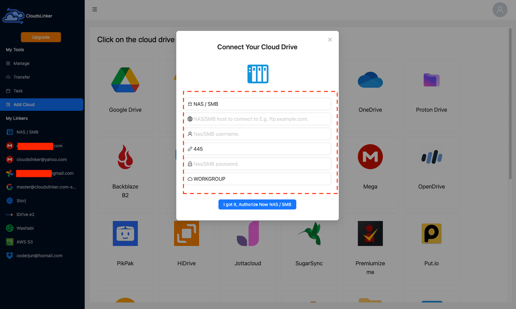 Connecting NAS to CloudsLinker