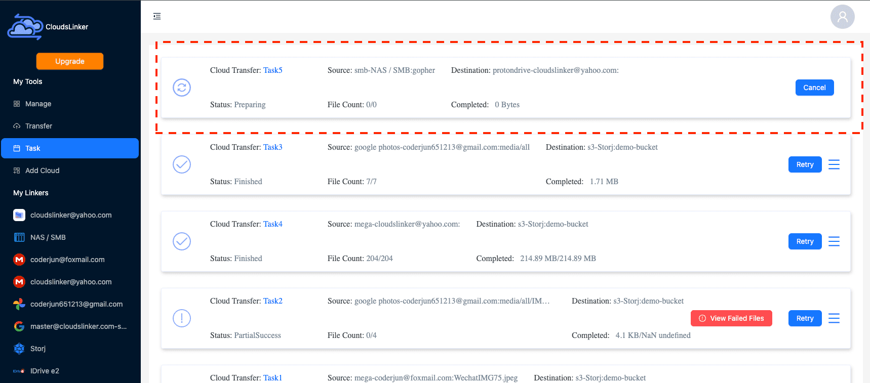 Beginning transfer on CloudsLinker