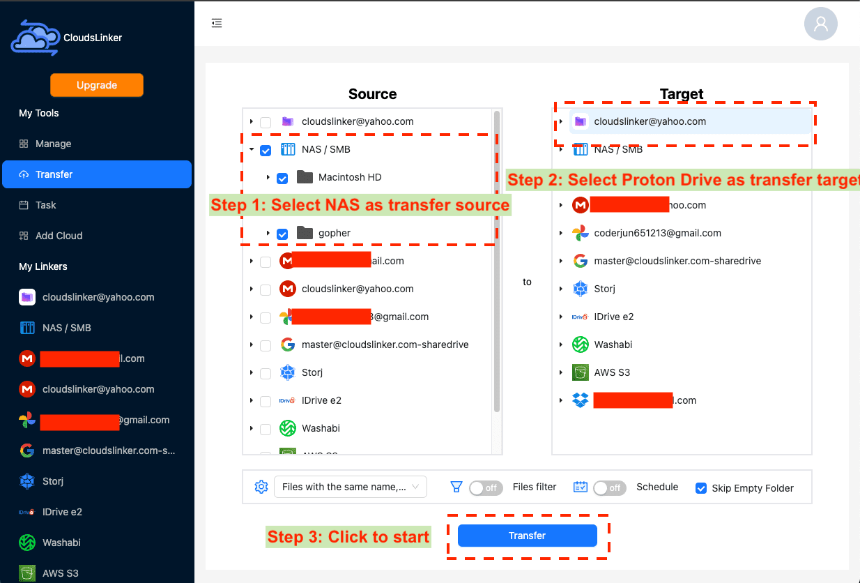Setting up NAS to Proton Drive transfer in CloudsLinker