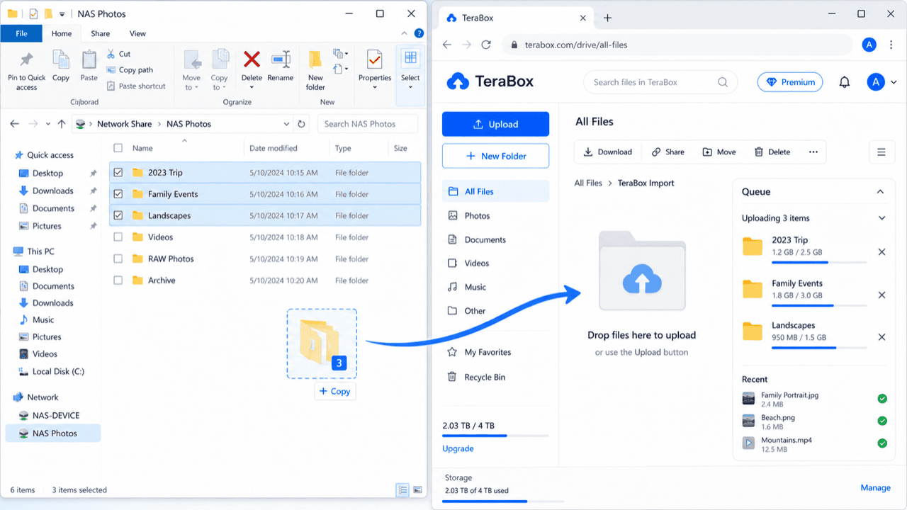 Upload folders from a mounted NAS share to TeraBox