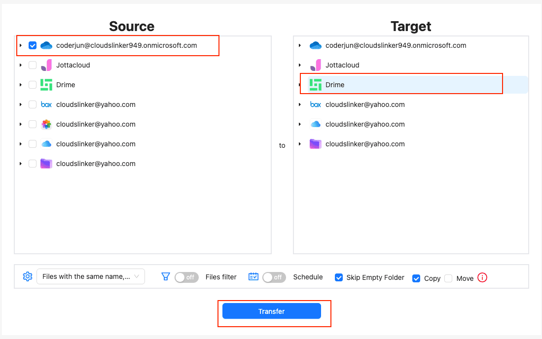 Configure OneDrive for Business to Drime transfer in CloudsLinker