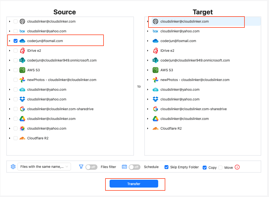 Configure OneDrive for Business to Filen transfer in CloudsLinker