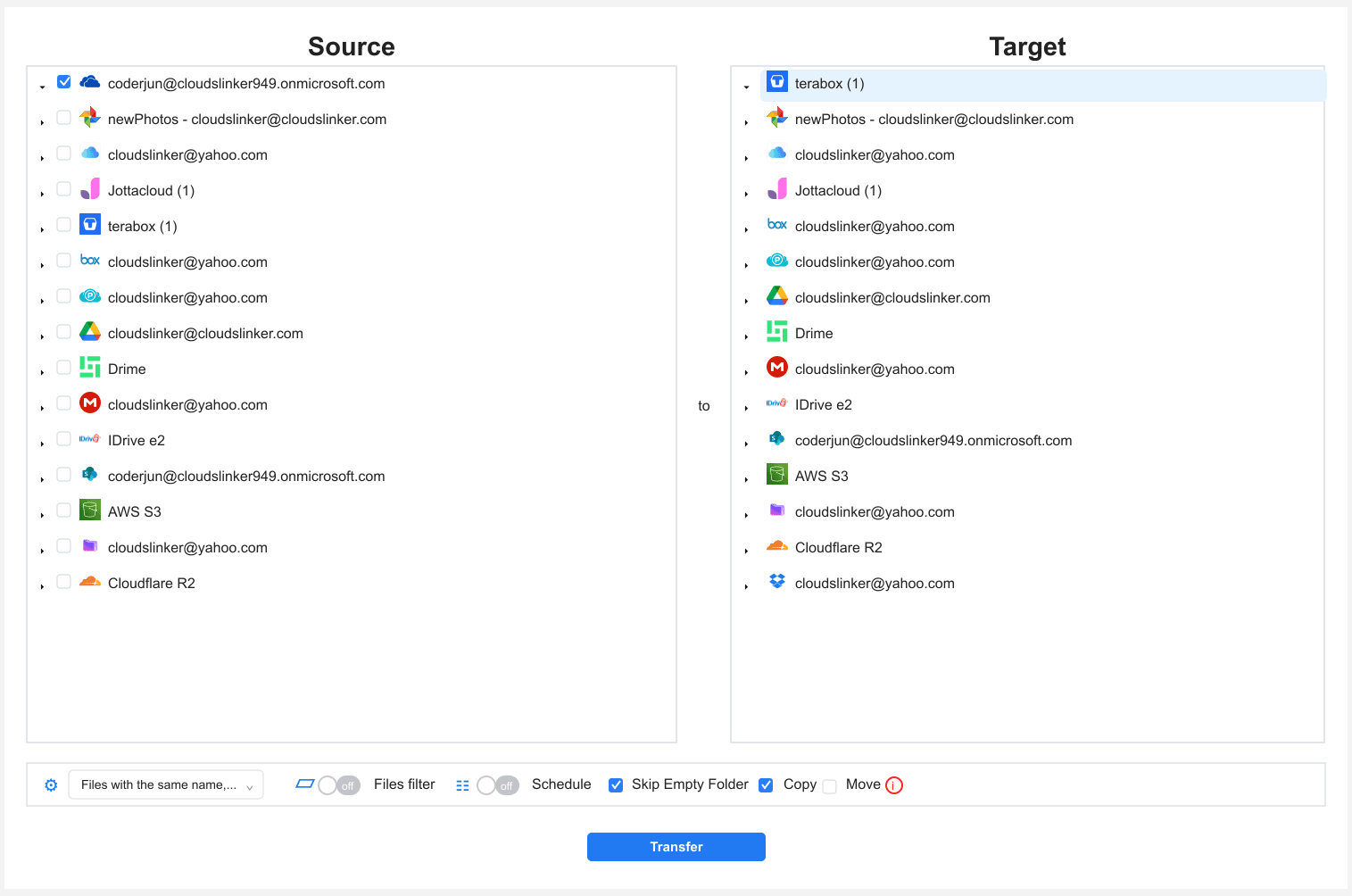 Configure OneDrive for Business to TeraBox transfer in CloudsLinker