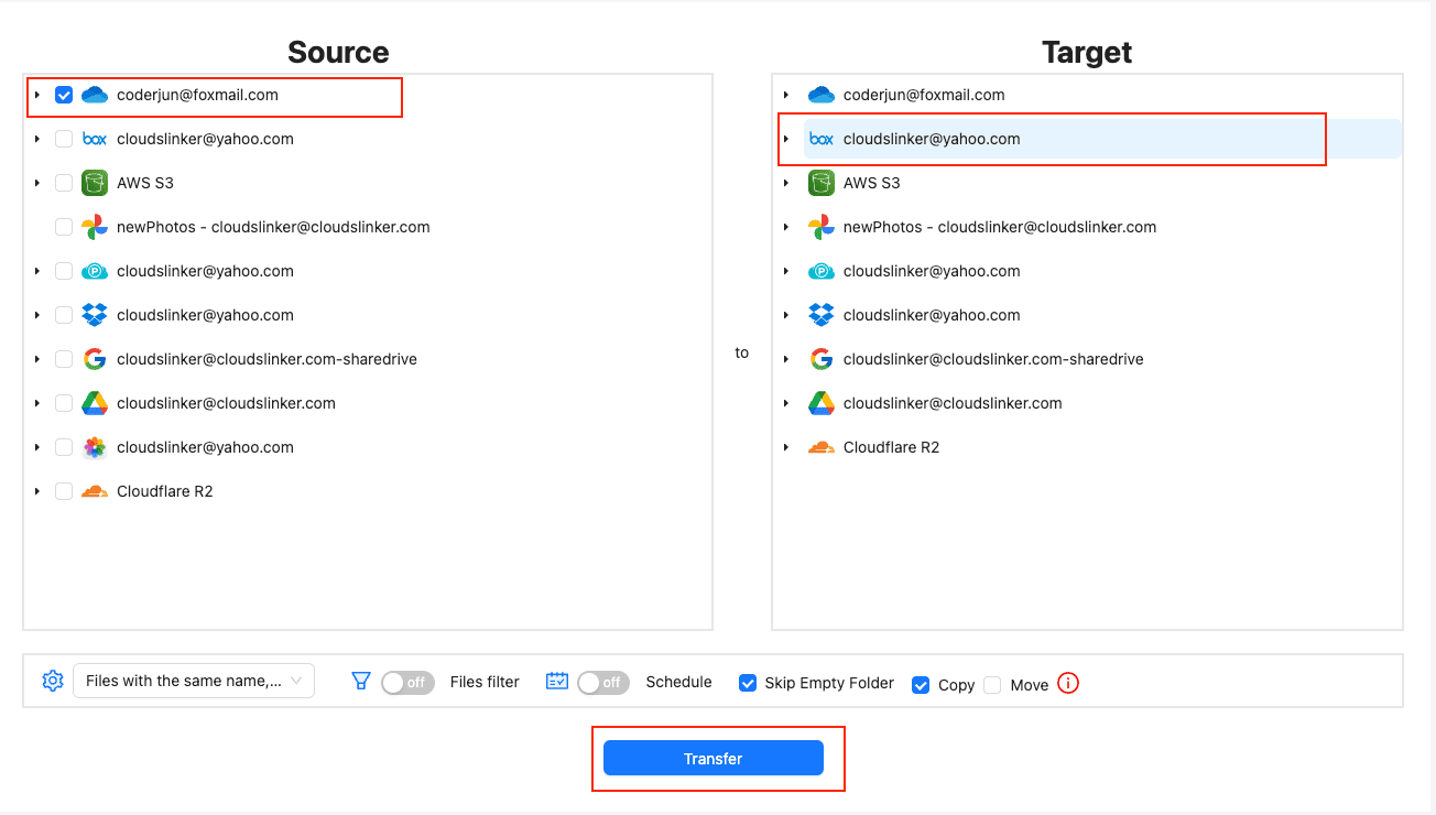 Configuring a transfer from OneDrive to Box in CloudsLinker