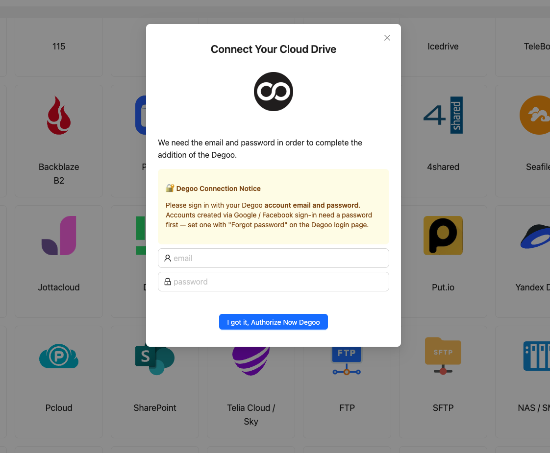 Degoo login form within CloudsLinker's Add Cloud flow