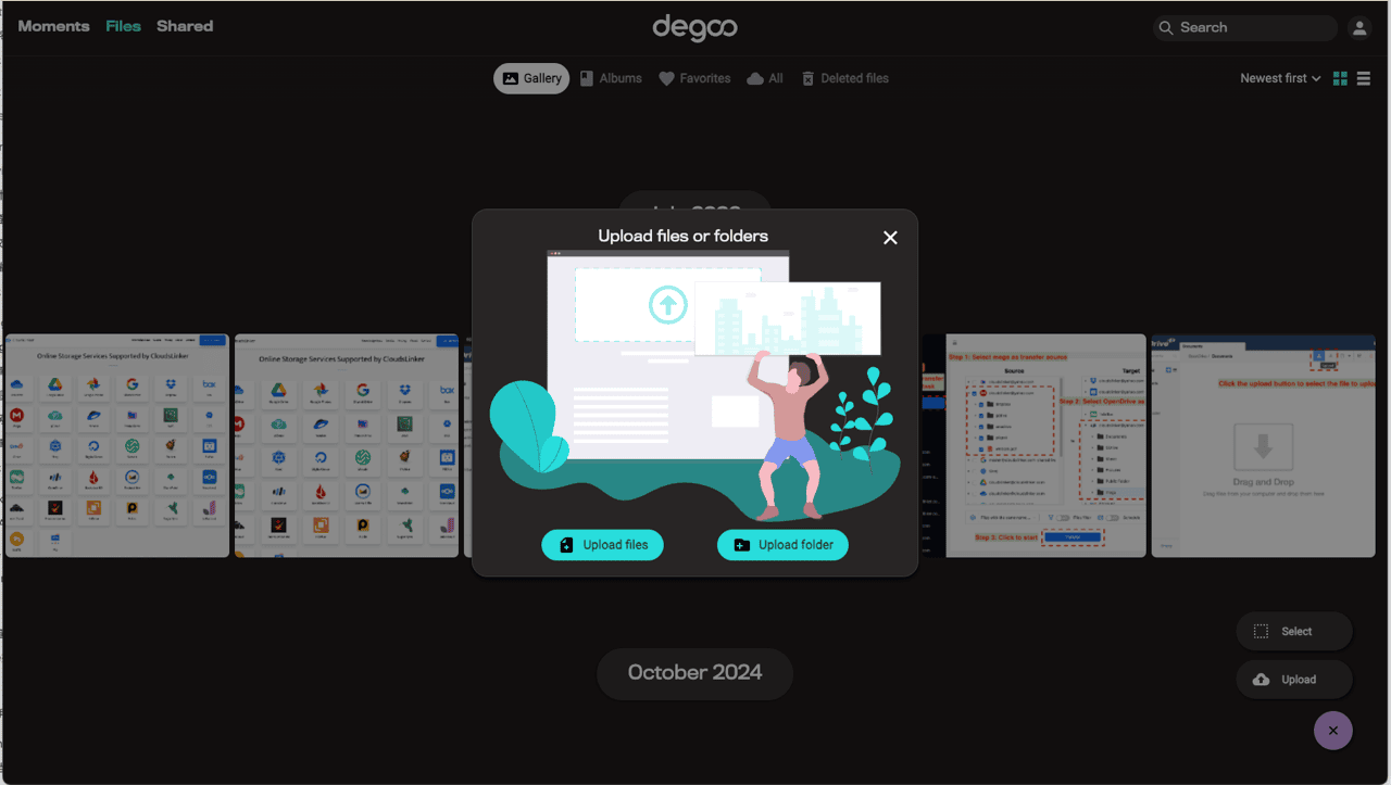 Degoo web application at app.degoo.com showing the file manager view with an Upload button open and a file picker dialog selecting several folders for upload, storage quota indicator visible in the sidebar