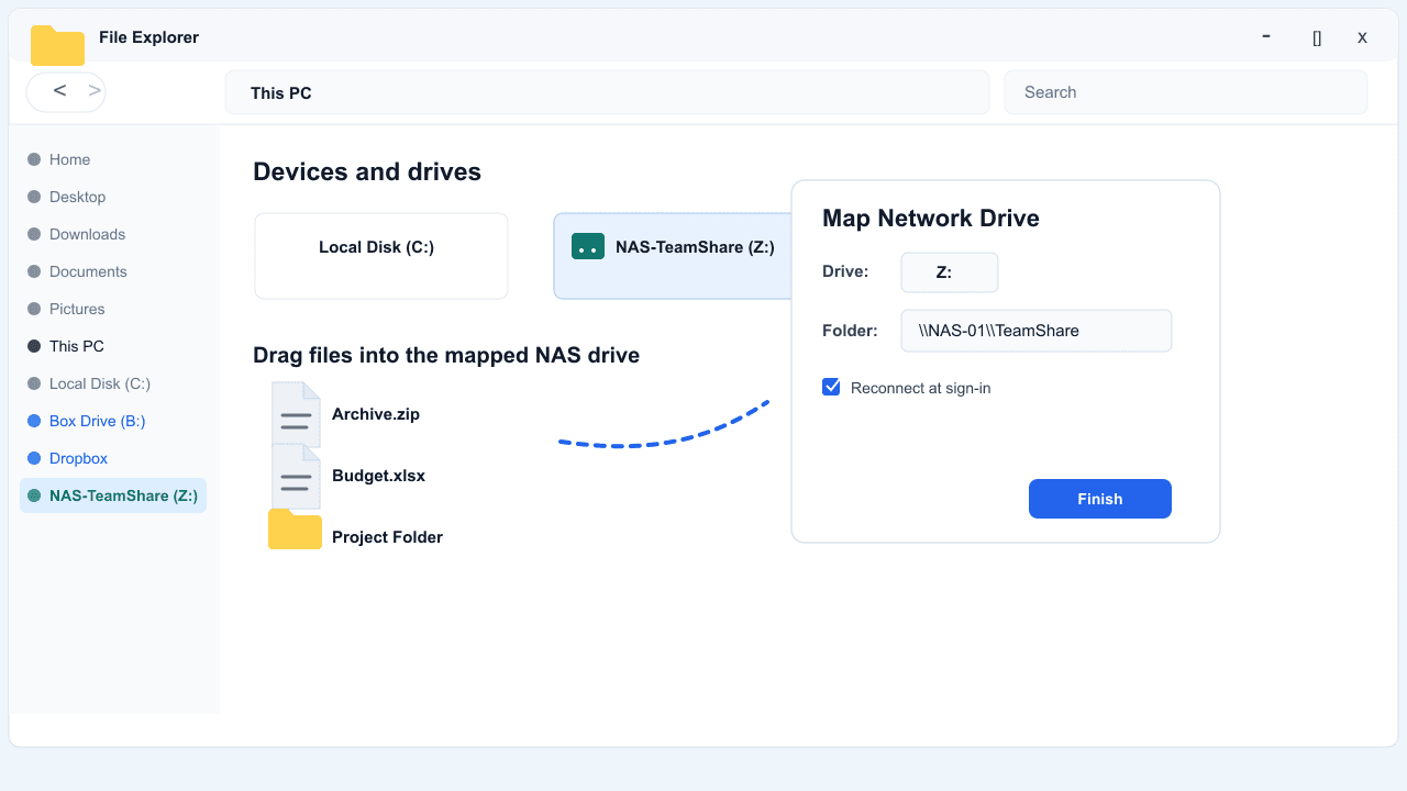 Windows File Explorer Map Network Drive dialog with a NAS share path entered, and the mapped drive appearing under This PC with files being dragged in