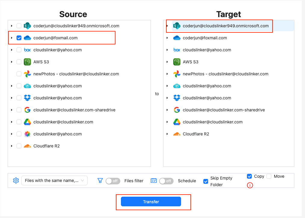 Configuring a transfer from OneDrive to SharePoint in CloudsLinker