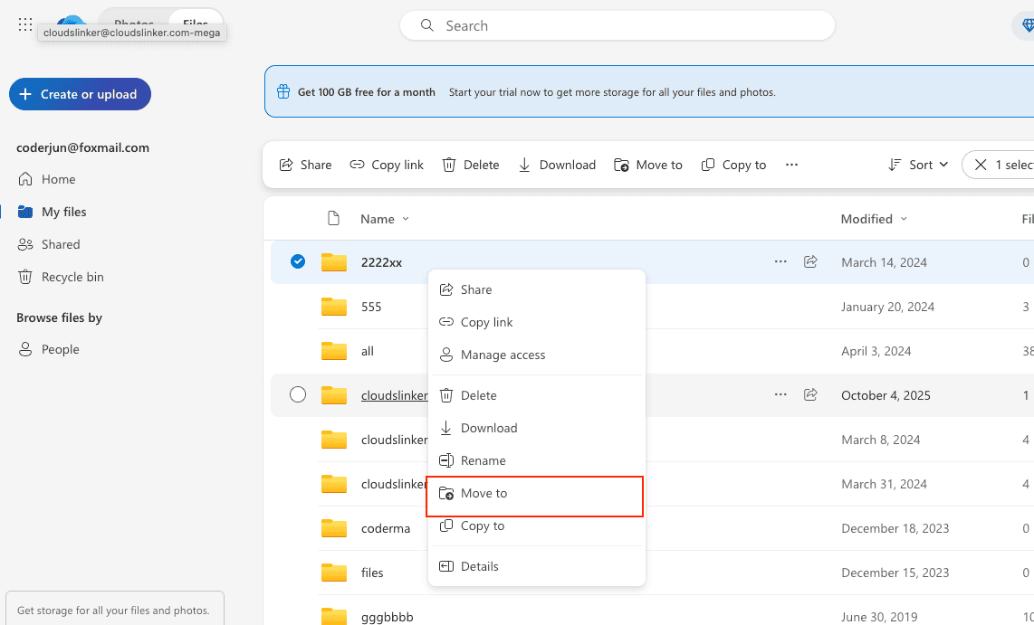 Using the Move to feature in OneDrive to select a SharePoint destination