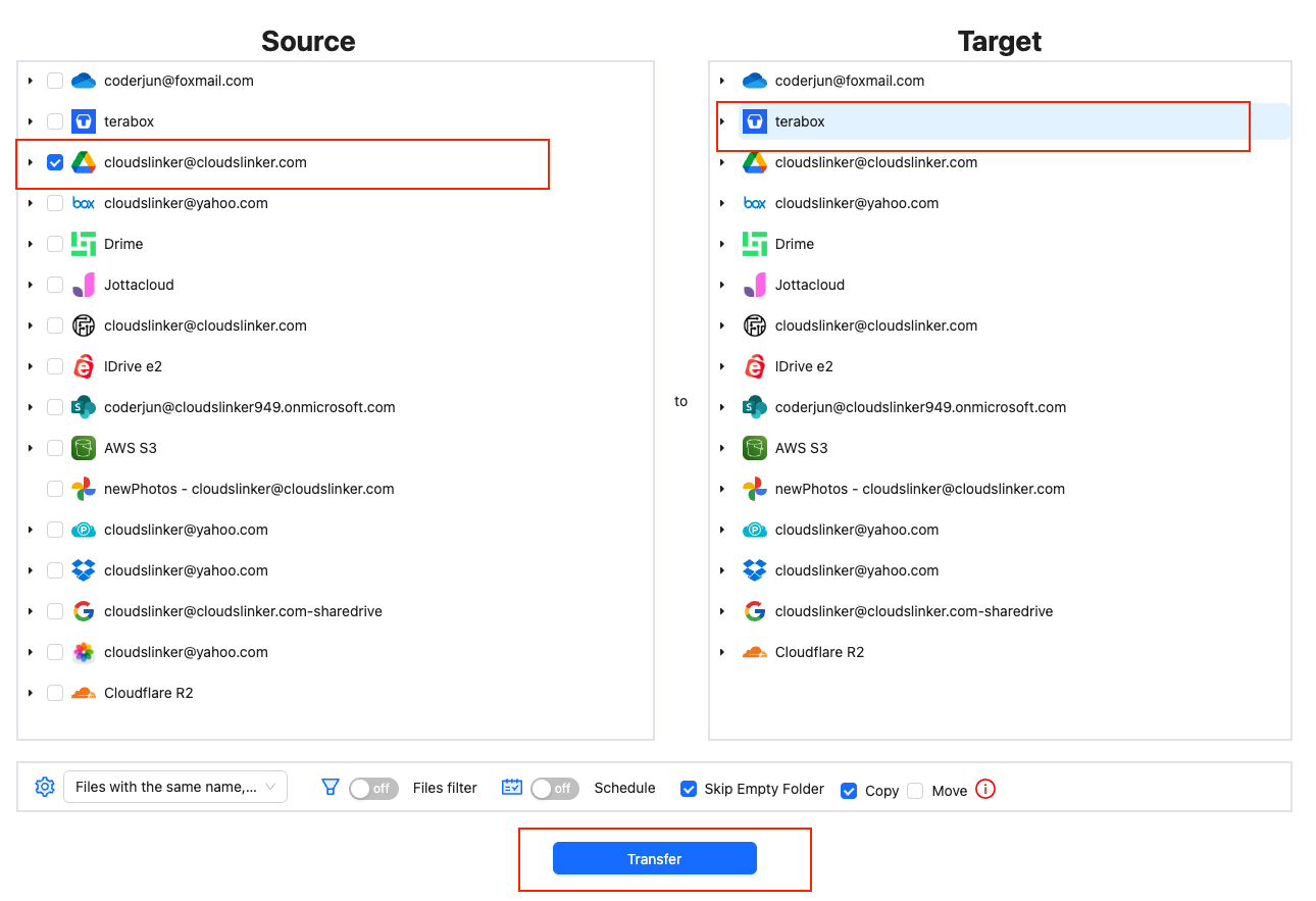 CloudsLinker transfer configuration screen with TeraBox as the destination cloud
