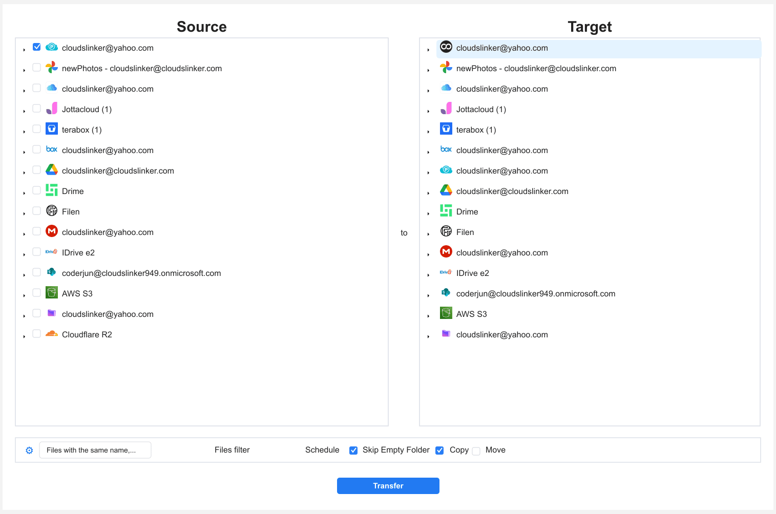 CloudsLinker transfer setup screen with pCloud archive folders as source, a Degoo destination directory selected, and a date filter configured to include files older than 18 months