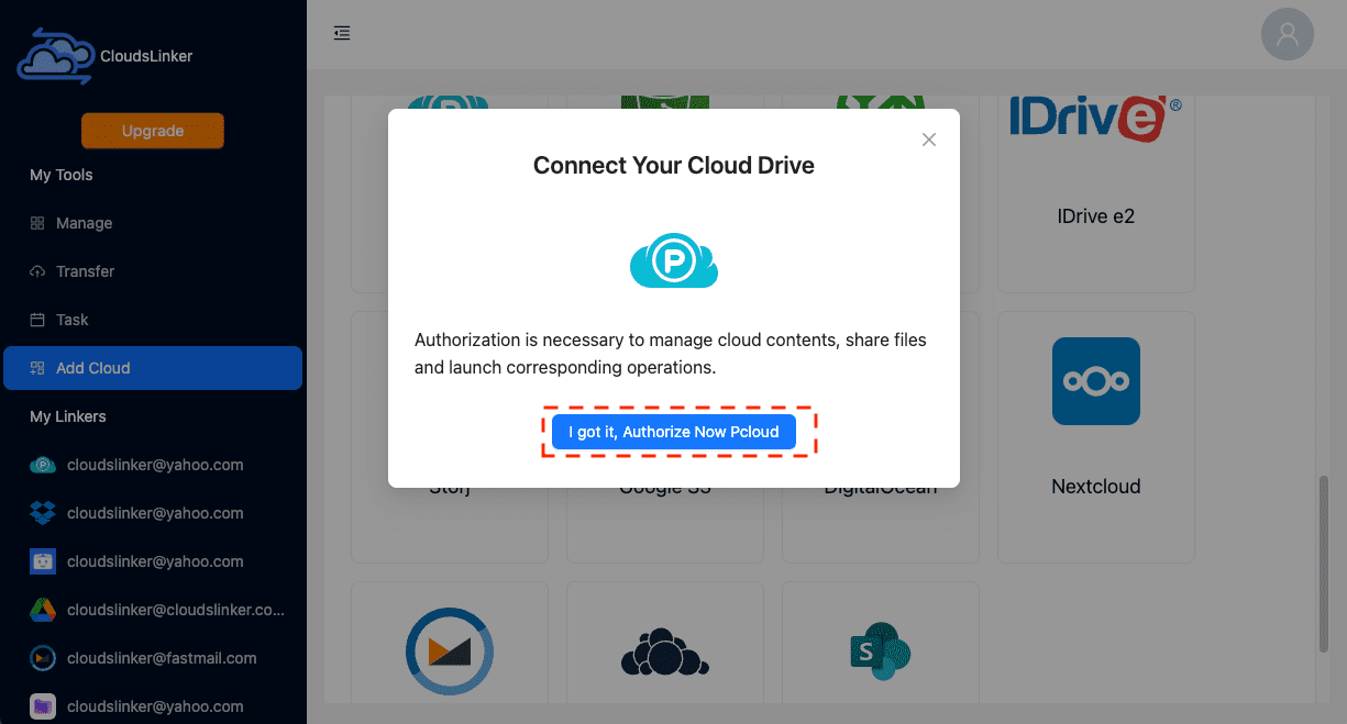 pCloud OAuth authorization page approving CloudsLinker access to the account