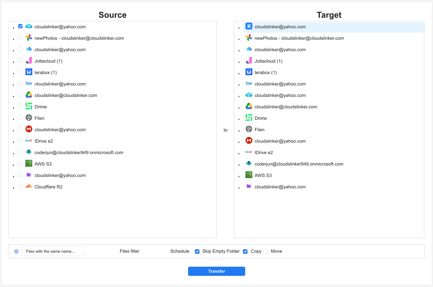 CloudsLinker transfer configuration with pCloud folders checked as source on the left and a Koofr destination folder selected on the right