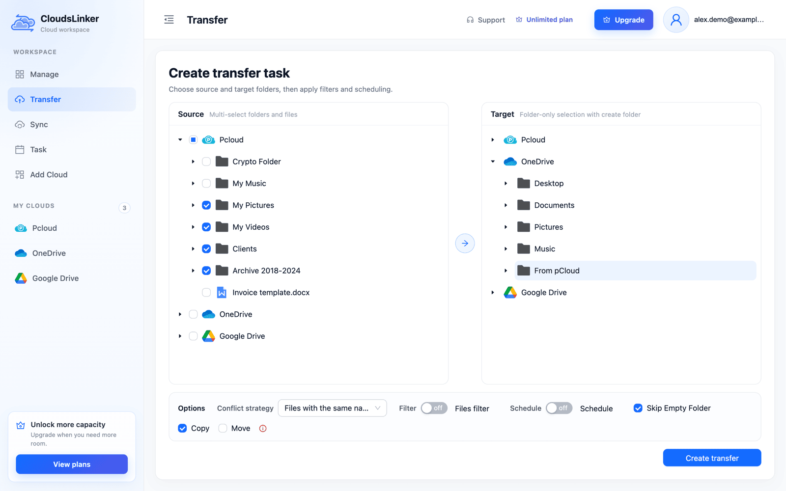 CloudsLinker Create transfer task page with pCloud as the source — My Pictures, My Videos, Clients and Archive 2018-2024 ticked, Crypto Folder and My Music left unticked — and a new From pCloud folder selected in OneDrive as the target, with Copy checked