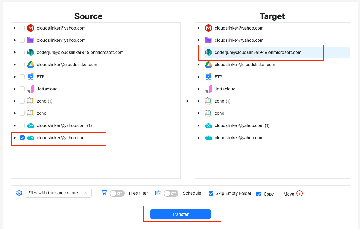 Select pCloud as source and SharePoint as destination