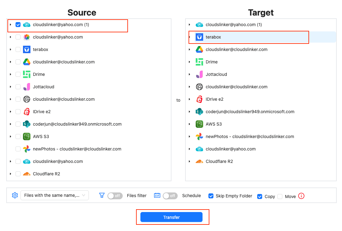 Select pcloud as source and Select Terabox as target