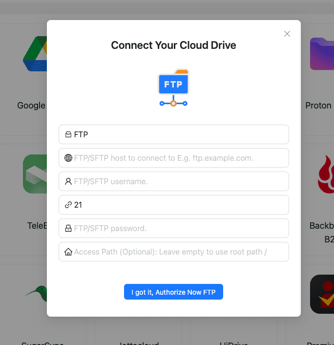 Adding FTP/SFTP account to CloudsLinker
