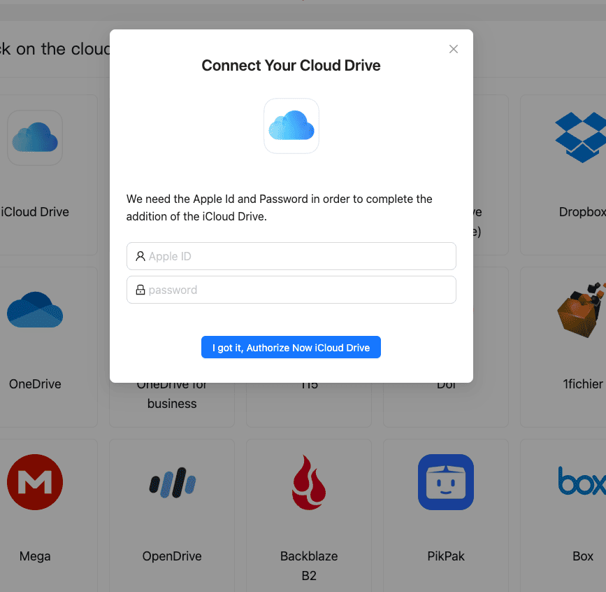 Adding iCloud Drive account to CloudsLinker