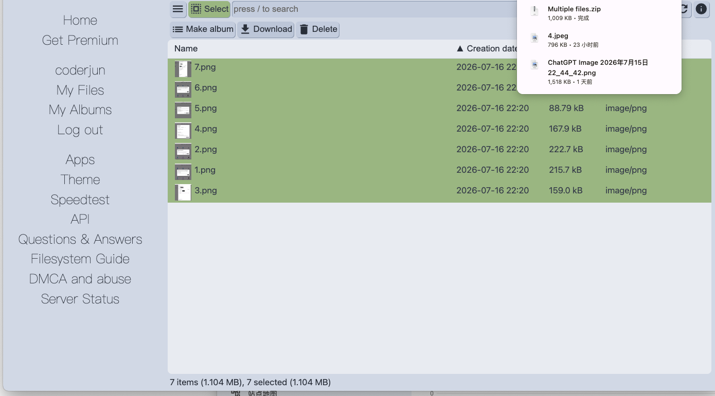 Pixeldrain file list with files selected for download and the Download button visible in the toolbar